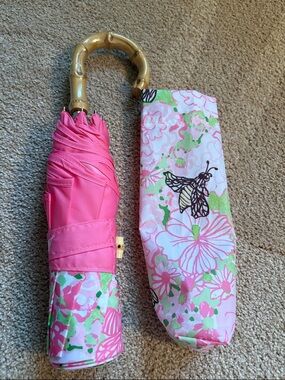 Lilly Pulitzer Pink Floral Women Umbrella with Faux Bamboo Handle